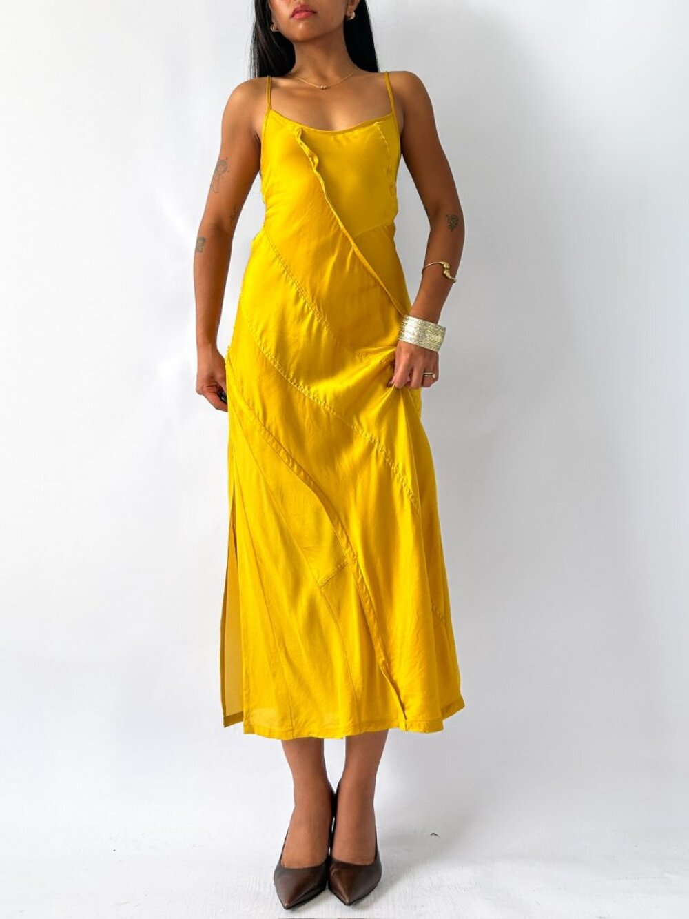 Diesel D-GAIA Asymmetric Silk Blend Slip Midi Dress - Yellow - Size XS
